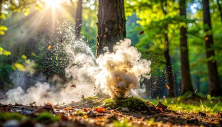 In the heart of a sun-drenched forest, a mysterious puff of smoke erupts from the mossy ground.の素材