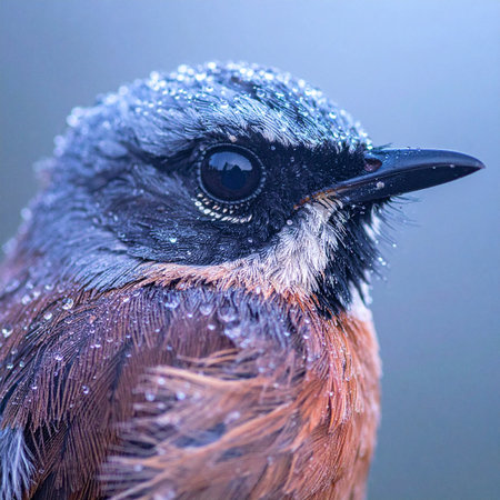 A detailed macro shot captures a small songbird braving the cold. Tiny droplets of frost or morning dew cling to its delicate blue and orange feathers, sparkling in the soft light.の素材