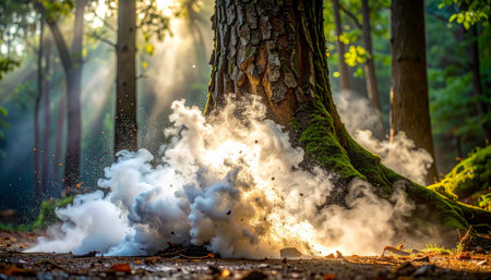 Golden sunbeams pierce the canopy of an ancient forest, illuminating a mysterious plume of white smoke that billows from the mossy base of a large tree.の素材