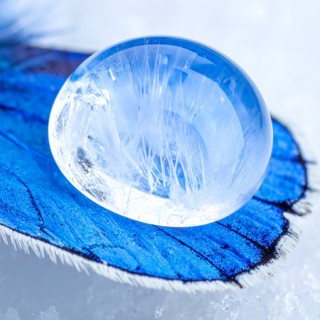 A tiny, polished gemstone, like a frozen drop of moonlight, rests gently upon the iridescent, vibrant blue wing of a butterfly.の素材