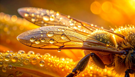 A bee awakens at dawn, its delicate wings jeweled with the morning's dew. The rising sun illuminates each tiny droplet, revealing the intricate beauty of nature's design in a moment of quiet splendor.の素材