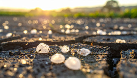 As the sun sets, a warm golden light illuminates mysterious, translucent spheres scattered across the parched, cracked earth.の素材