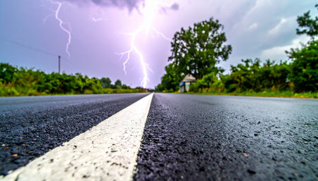 A powerful bolt of lightning illuminates a dark, stormy sky, striking down over a deserted, rain-slicked asphalt road.の素材