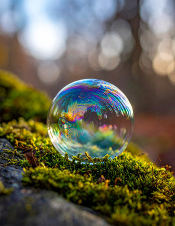 A single, delicate soap bubble finds a soft landing on a bed of vibrant green moss.の素材