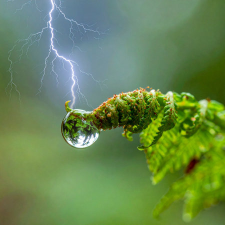 A dramatic macro shot captures the immense power of a lightning bolt, perfectly reflected and miniaturized within a single, pristine water droplet clinging to a fresh fern frond.の素材