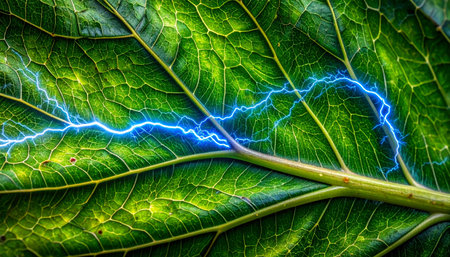 A powerful bolt of blue electric energy surges through the intricate veins of a vibrant green leaf.の素材