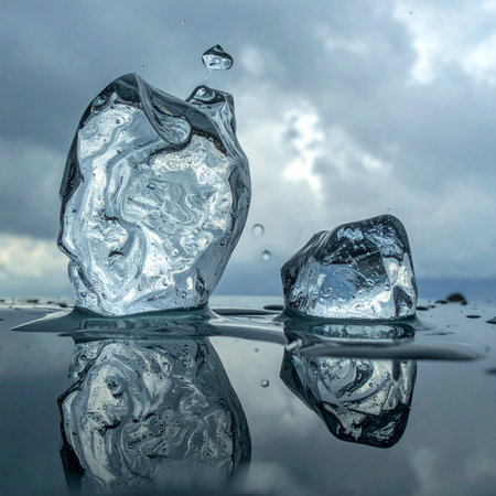 A dramatic close-up captures the ephemeral moment of an ice cube melting.の素材