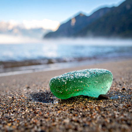 A single piece of weathered green sea glass rests on the shore, a forgotten jewel polished by the relentless tide.の素材