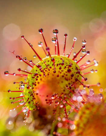 In a stunning macro view, a carnivorous sundew plant reveals its otherworldly beauty.の素材