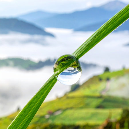 A perfect, crystal-clear dewdrop clings to a vibrant green blade of grass, capturing and reflecting the serene mountain landscape behind it.の素材