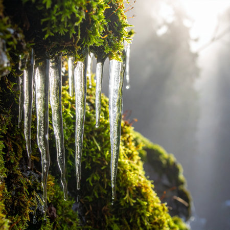 As winter's grip loosens, the first rays of a hopeful sun illuminate delicate icicles clinging to vibrant green moss.の素材