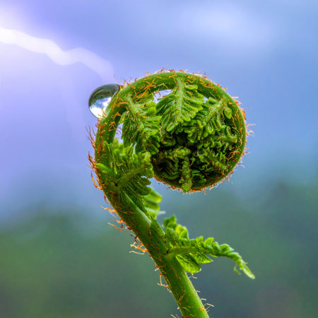 A single, perfect drop of morning dew clings to a young fern fiddlehead as it unfurls towards the soft light of a new day.の素材