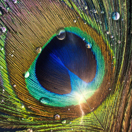 A stunning macro view captures the intricate beauty of a peacock feather, where iridescent greens and blues shimmer.の素材