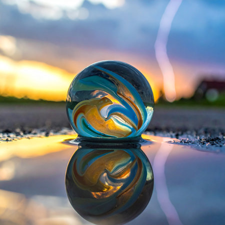 A colorful swirled glass marble rests in a shallow puddle, perfectly mirroring the fiery sunset in the sky above.の素材