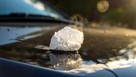 A single, large hailstone rests on the wet, reflective hood of a car, a tangible remnant of a recent severe hailstorm.の素材