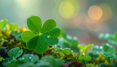 In a quiet corner of a sun-dappled forest, a perfect four-leaf clover glistens with morning dew.の素材