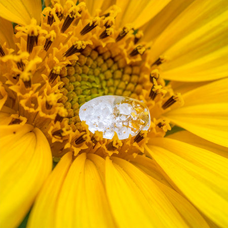 A single, perfect drop of water rests in the heart of a vibrant yellow sunflower, magnifying the intricate details below.の素材