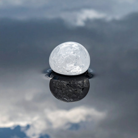 A mysterious, moon-like sphere rests on a still water surface, creating a perfect, dark reflection against a moody, cloud-filled sky.の素材