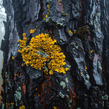 A vibrant patch of golden-yellow lichen bursts with life against the dark, wet bark of an ancient tree.の素材