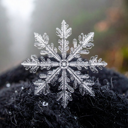 A single, perfectly symmetrical snowflake rests delicately on a dark, textured surface.の素材