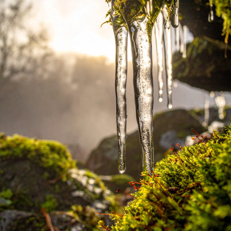 As the first rays of the morning sun pierce through the misty forest, delicate icicles begin their slow surrender to the warmth.の素材