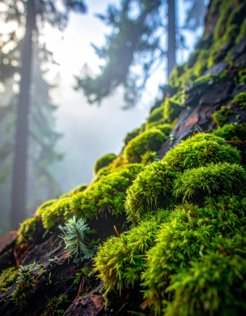 A detailed, low-angle view captures vibrant green moss thriving on the textured bark of an old tree.の素材