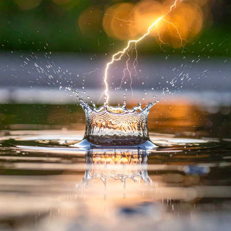 A powerful bolt of lightning strikes a puddle, its raw energy captured in a fleeting moment.の素材