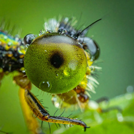 A stunning macro photograph captures the intricate complexity of a dragonfly's compound eye, adorned with glistening dewdrops from the early morning mist.の素材