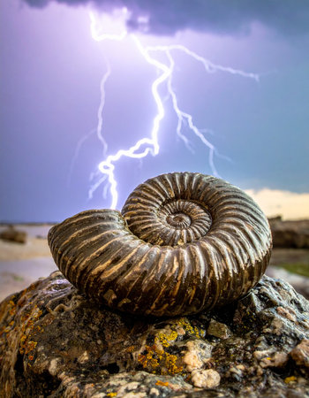 A dramatic clash of epochs unfolds as a powerful bolt of lightning illuminates the stormy sky, casting an electric glow upon an ancient ammonite fossil.の素材