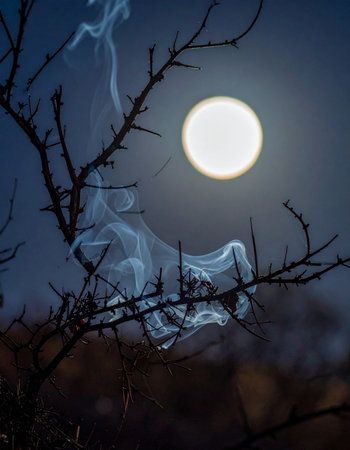 Under the glow of a full moon, a tattered piece of plastic is snagged on thorny branches, creating a ghostly, ethereal silhouette against the dark night sky.の素材