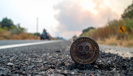 A single, weathered Bitcoin lies forgotten on the cracked asphalt of a lonely highway.の素材