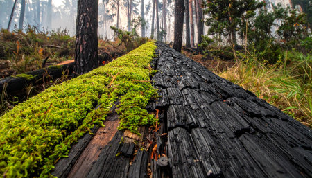 In a recovering forest, a fallen log tells a story of two halves.の素材