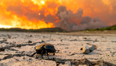 A lone beetle traverses a dry, cracked wasteland under a fiery, apocalyptic sky.の素材