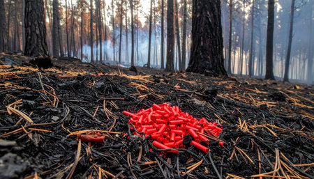A bright red pile of unlit firecrackers sits starkly against the blackened, ashen ground of a recently burned forest.の素材