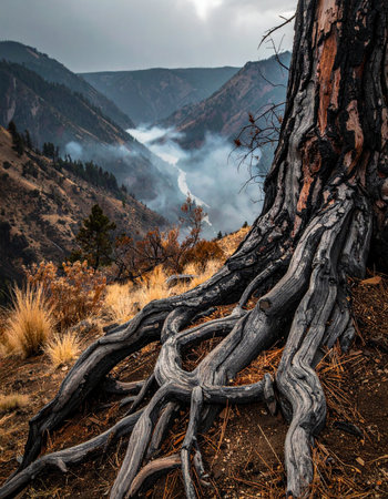 From a low-angle perspective, the powerful, charred roots of a surviving tree grip the earth.の素材