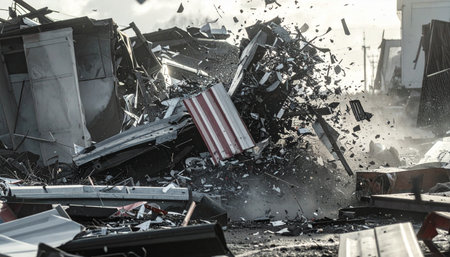 A powerful explosion rips through an old industrial building, sending a chaotic cloud of dust, concrete, and twisted metal into the air.の素材