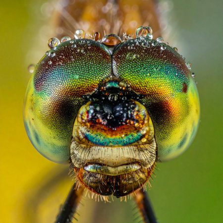 A stunning macro photograph captures the intricate beauty of a dragonfly's head at dawn.の素材