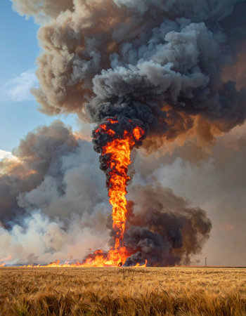 A massive column of fire and thick black smoke erupts violently from a golden agricultural field, painting a dramatic and terrifying scene of environmental disaster.の素材