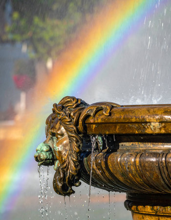 A fleeting moment of magic in the city as sunlight refracts through the spray of an ornate lion head fountain, creating a vibrant rainbow. A symbol of hope and serendipity in an urban park.の素材