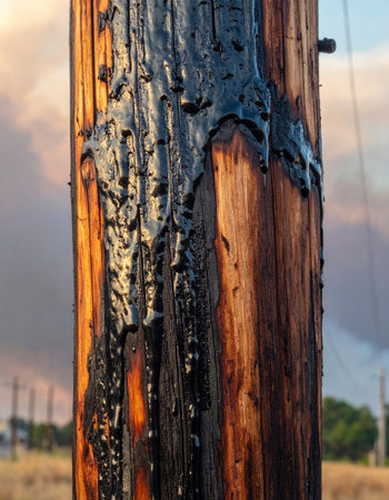 A wooden utility pole stands scarred after a fire, with blackened, melted tar clinging to its charred surface.の素材