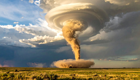 A colossal supercell tornado churns across the vast, open plains, a breathtaking and terrifying display of nature's raw power.の素材