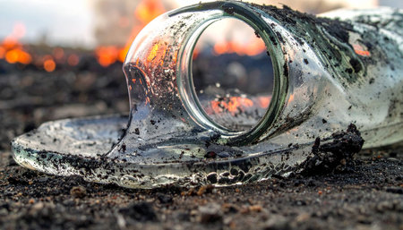 A glass bottle, once a common object, is now a distorted relic lying on scorched earth.の素材