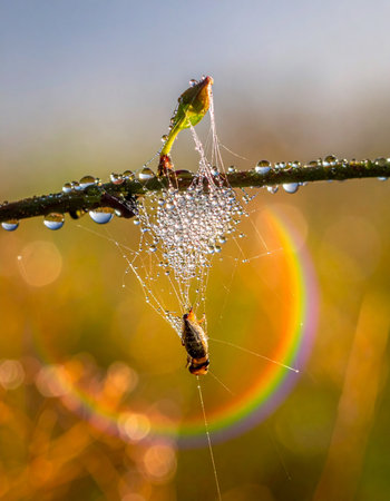 A tiny insect is caught in a delicate spiderweb, each strand adorned with sparkling morning dew.の素材