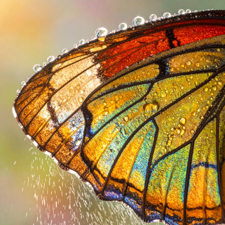 In the soft morning light, tiny droplets of dew cling to the iridescent surface of a butterfly's wing, each one a miniature lens reflecting a world of vibrant color.の素材