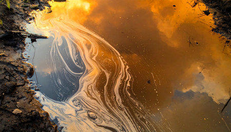 A mesmerizing yet troubling display of vibrant, swirling colors from an oil slick on a water surface.の素材
