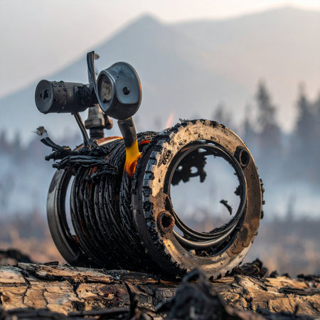 A poignant symbol of loss, a professional camera lies melted and destroyed upon a charred log.の素材