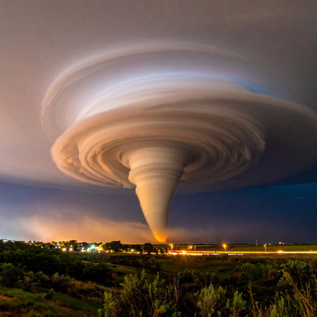 A colossal supercell tornado churns with immense power in the night sky, its massive funnel illuminated by the distant, vulnerable glow of city lights.の素材