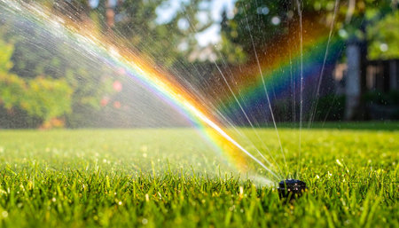 On a bright summer day, a garden sprinkler works its magic, not only nourishing the lush green lawn but also creating a spectacular, fleeting rainbow in its fine mist.の素材