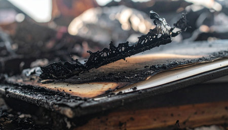 In the quiet aftermath of a blaze, the charred pages of a book smolder, their stories and knowledge turning to ash.の素材