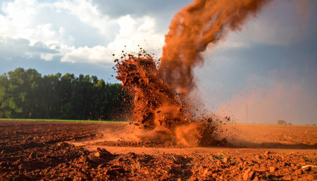 A powerful detonation sends a massive plume of reddish-brown earth and debris flying into the air.の素材